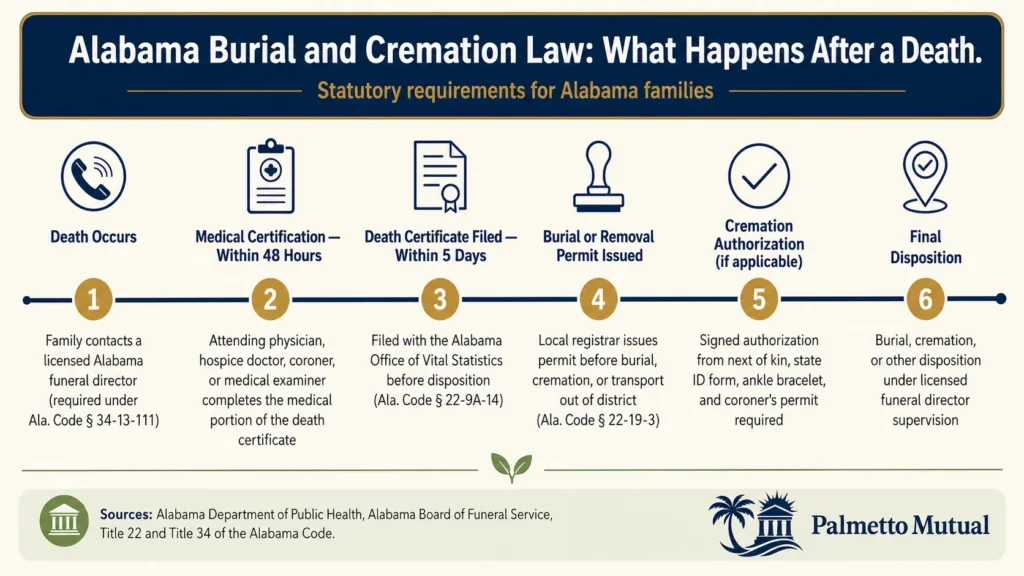 Horizontal timeline infographic outlining Alabama's burial and cremation law process, showing six steps from death occurring through final disposition, including medical certification within 48 hours, death certificate filing within 5 days under Ala. Code § 22-9A-14, burial permit issuance under Ala. Code § 22-19-3, and cremation authorization requirements under the Alabama Board of Funeral Service.