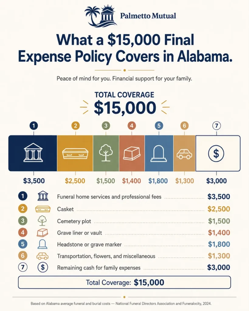 Infographic showing how a $15,000 final expense insurance policy covers funeral costs for Alabama families, broken down into funeral services ($3,500), casket ($2,500), cemetery plot ($1,500), grave liner ($1,400), headstone ($1,800), transportation and miscellaneous ($1,300), and remaining cash for family ($3,000).