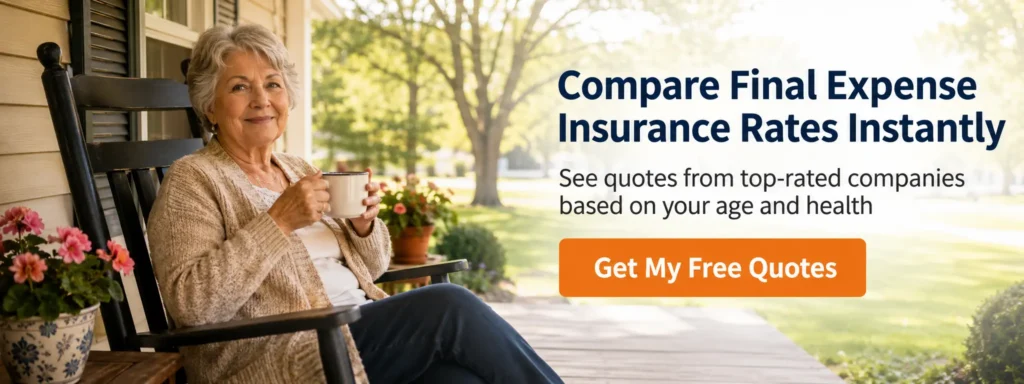 Senior woman relaxing on a front porch with coffee. Compare final expense insurance rates