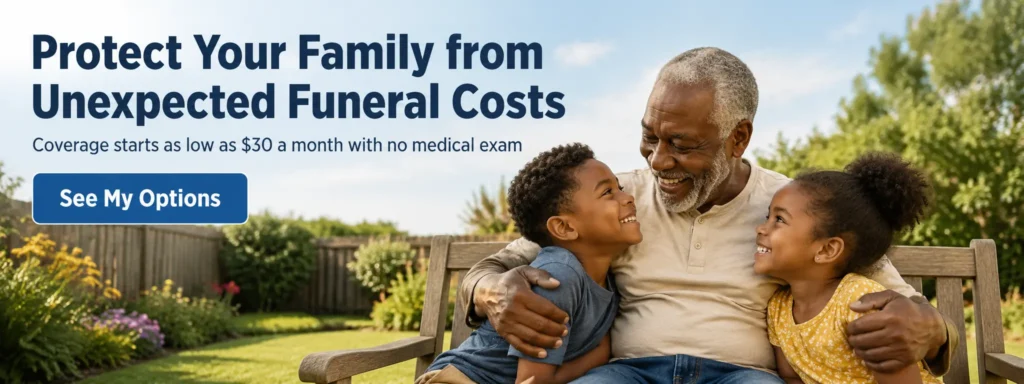 Grandfather laughing with two grandchildren in a backyard. Protect your family with final expense insurance