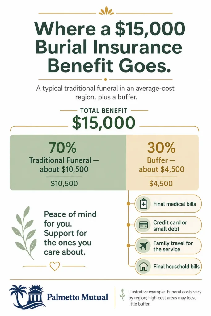 Stacked bar infographic showing how a $15,000 burial insurance death benefit divides into roughly $10,500 for a traditional funeral and about $4,500 of buffer for final medical bills, small debts, family travel, and final household bills.
