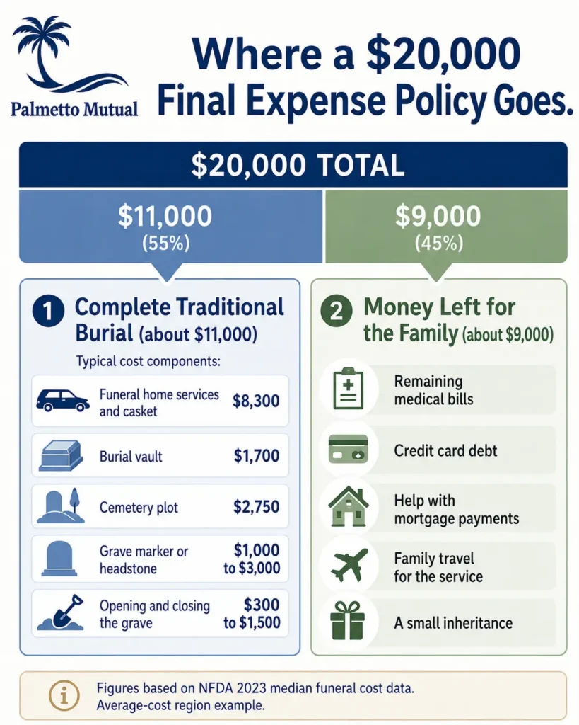 Infographic showing how a $20,000 final expense insurance policy covers a complete traditional burial of about $11,000 and leaves roughly $9,000 for medical bills, debts, and family expenses.