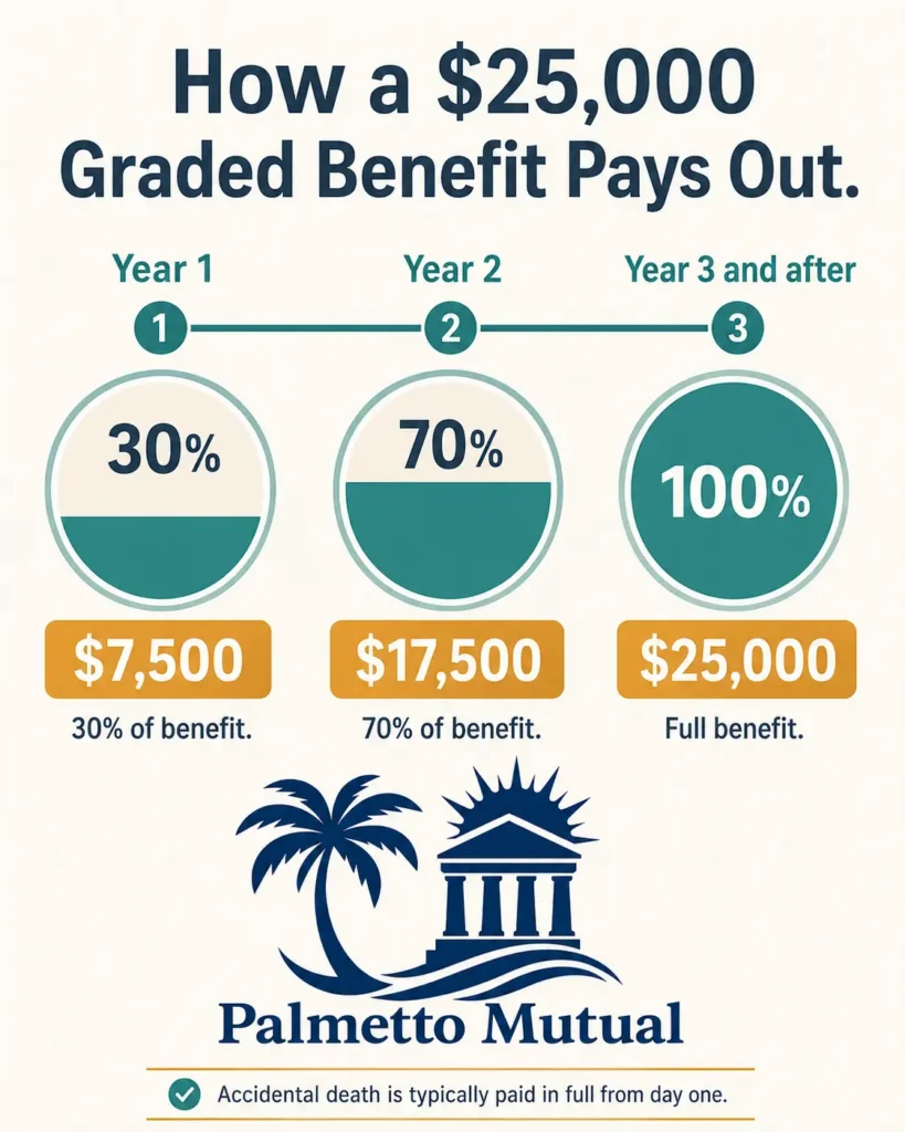 Timeline infographic showing how a $25,000 graded benefit burial insurance policy pays out: $7,500 in year one, $17,500 in year two, and the full $25,000 from year three onward.