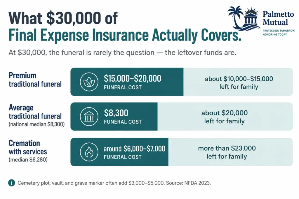 Infographic comparing how a $30,000 final expense insurance policy covers premium, average, and cremation funerals, with the remaining legacy buffer for each.