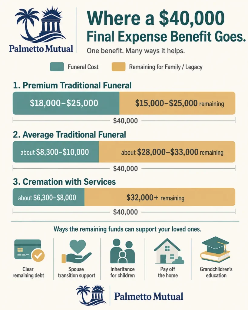 Infographic comparing how a $40,000 final expense death benefit splits between funeral costs and remaining legacy funds across premium, average, and cremation funeral choices, with common uses for the leftover amount.