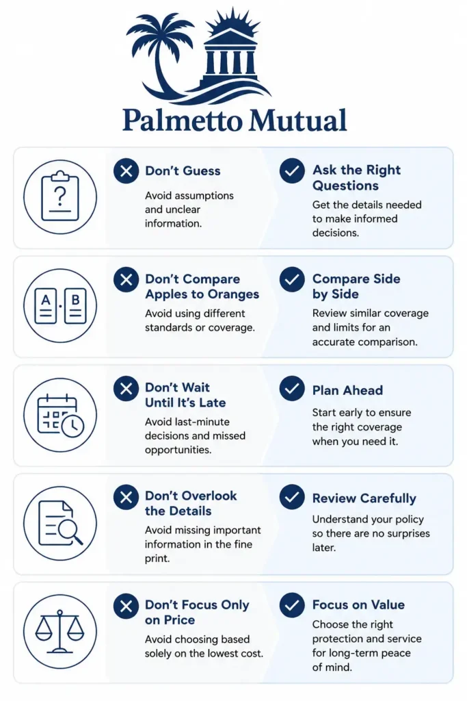 Checklist infographic pairing each of the five biggest burial insurance mistakes with the recommended action to take instead