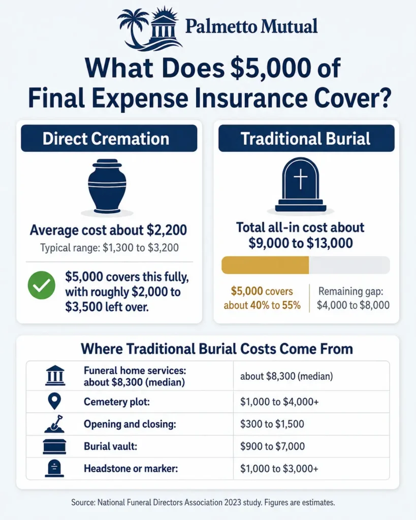 Bar chart infographic showing representative monthly premiums for a $5,000 level benefit burial insurance policy for non-tobacco applicants by age and sex, ranging from about $14 to $17 at age 50 up to about $51 to $71 at age 80, with men paying more than women at every age