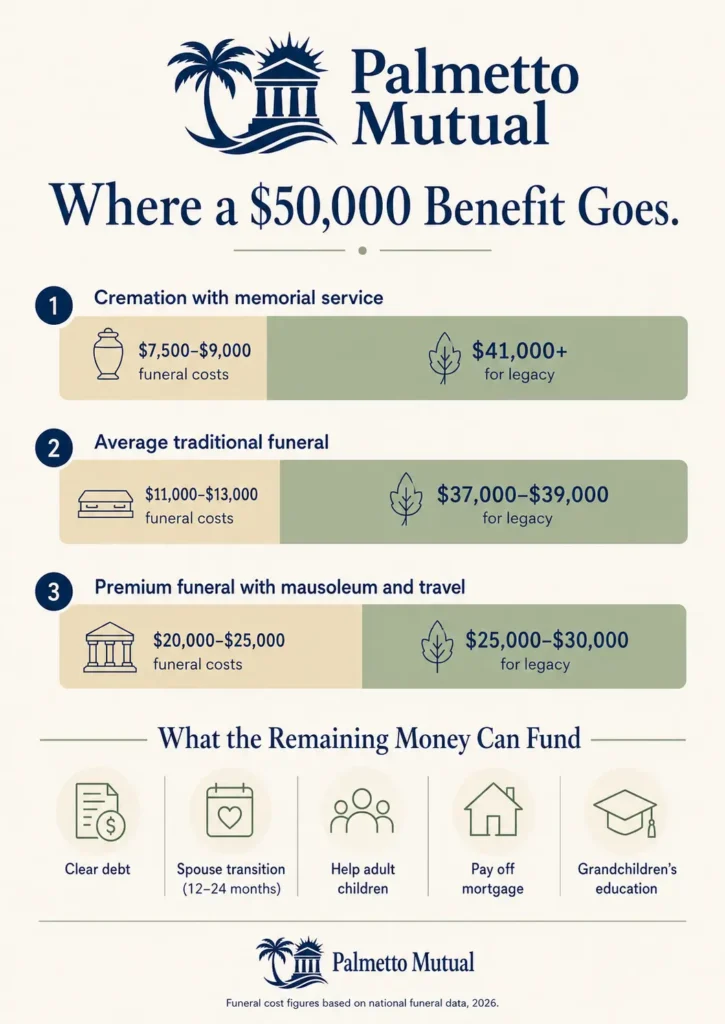Infographic comparing how a $50,000 final expense policy splits between funeral costs and remaining family legacy across three scenarios: cremation, average funeral, and premium funeral.