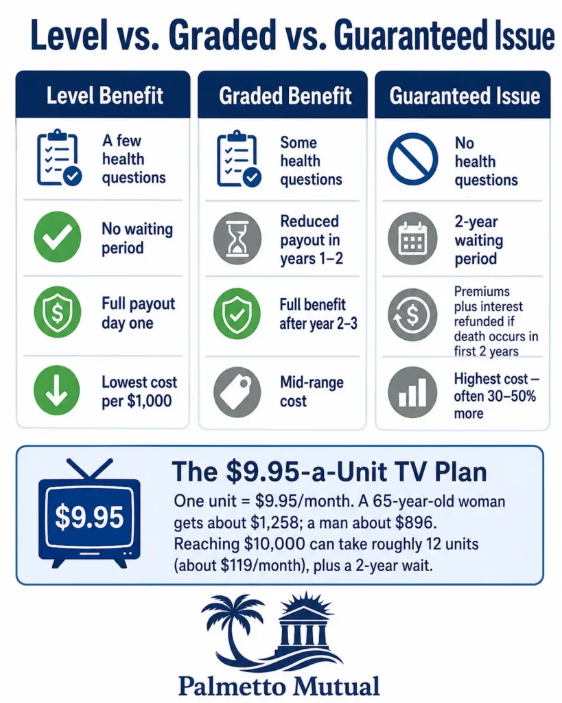 Comparison chart of level, graded, and guaranteed issue final expense plans, with a callout explaining the $9.95-per-unit guaranteed issue TV plan