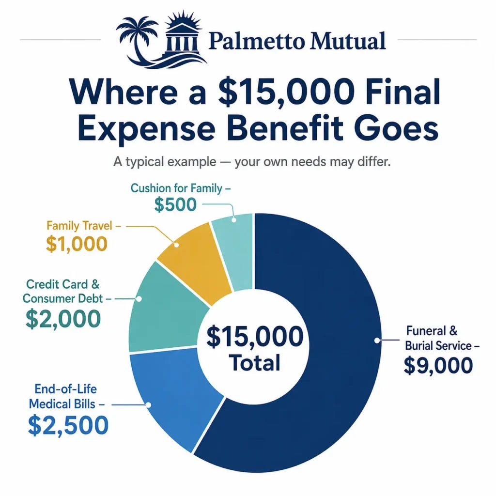 Donut chart showing how a $15,000 final expense benefit divides across funeral and burial, medical bills, consumer debt, family travel, and a family cushion