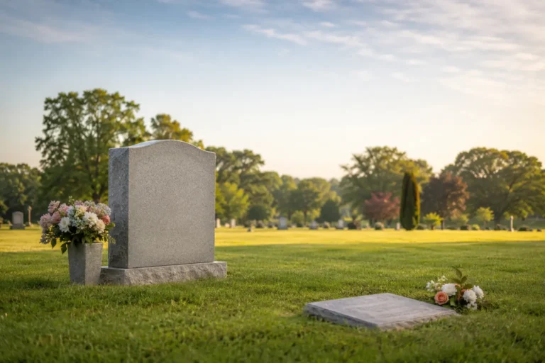 A gray granite upright headstone and a flat grave marker on green grass in a peaceful, well-kept cemetery on a sunny morning.