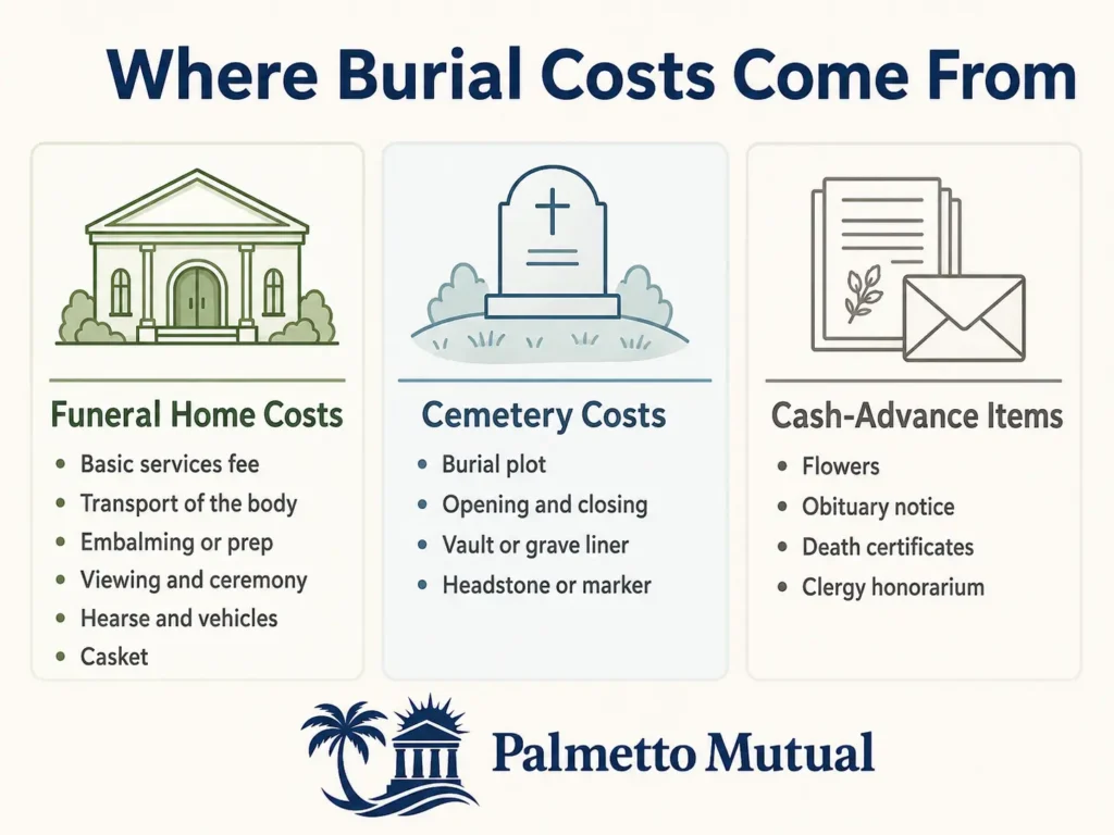 Infographic showing the three categories of burial costs — funeral home charges, cemetery charges, and cash-advance items — and what each one includes.