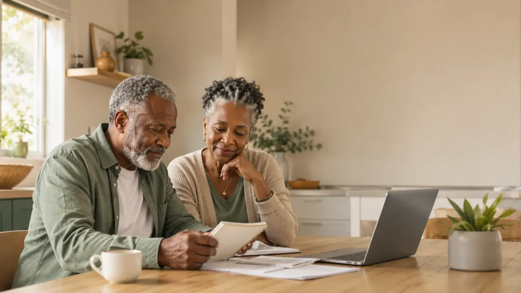 An older couple reviewing paperwork together at a kitchen table while planning for burial costs and final expenses.