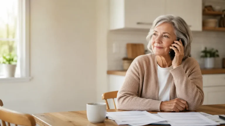 Senior woman on a phone call reviewing burial insurance options at her kitchen table