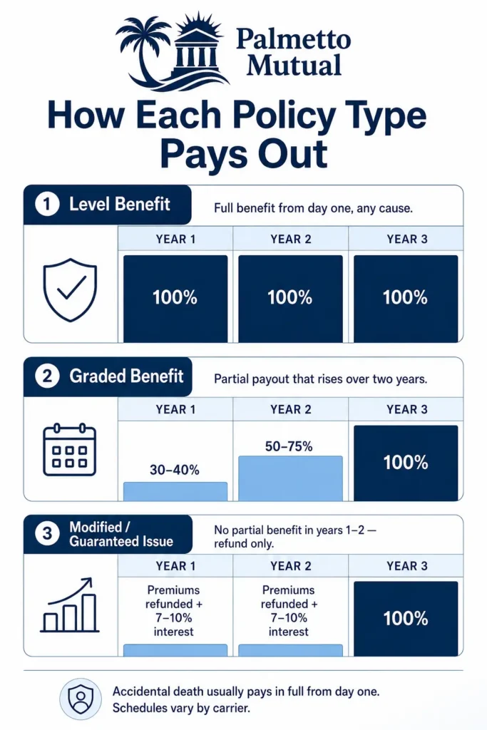 Infographic comparing level, graded, and modified burial insurance payouts of 100% from day one versus partial benefits rising over the first three years