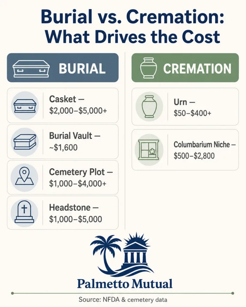 Two-column infographic comparing the cost components of burial versus cremation, showing casket, vault, plot, and headstone for burial and urn and niche for cremation."