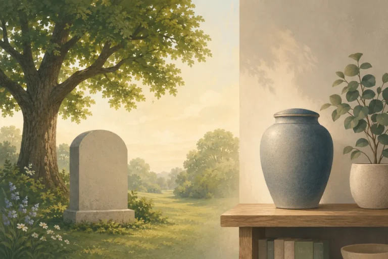 Side-by-side illustration of a burial headstone under a tree and a cremation urn on a shelf, representing a burial versus cremation cost comparison."
