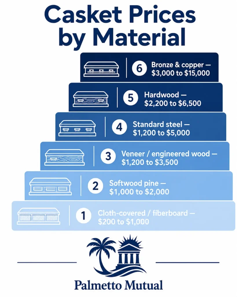 Infographic ranking casket materials by price, from cloth-covered models at $200 up to bronze and copper at $15,000