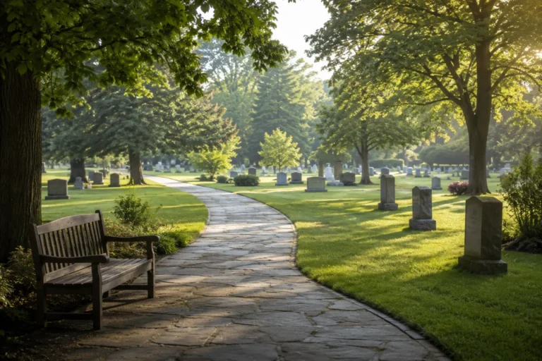 A peaceful, well-kept cemetery with headstones, mature trees, and a winding path in soft morning light.