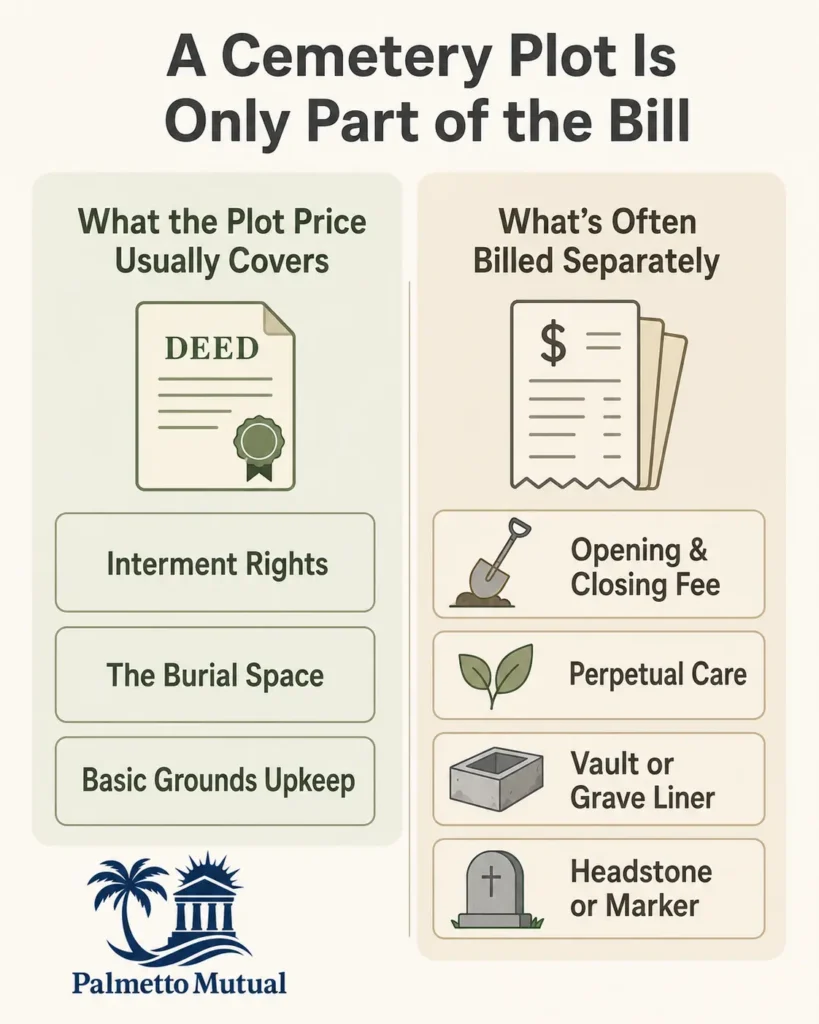 Two-column graphic showing what a cemetery plot price covers versus fees billed separately like opening and closing, care, vault, and marker.