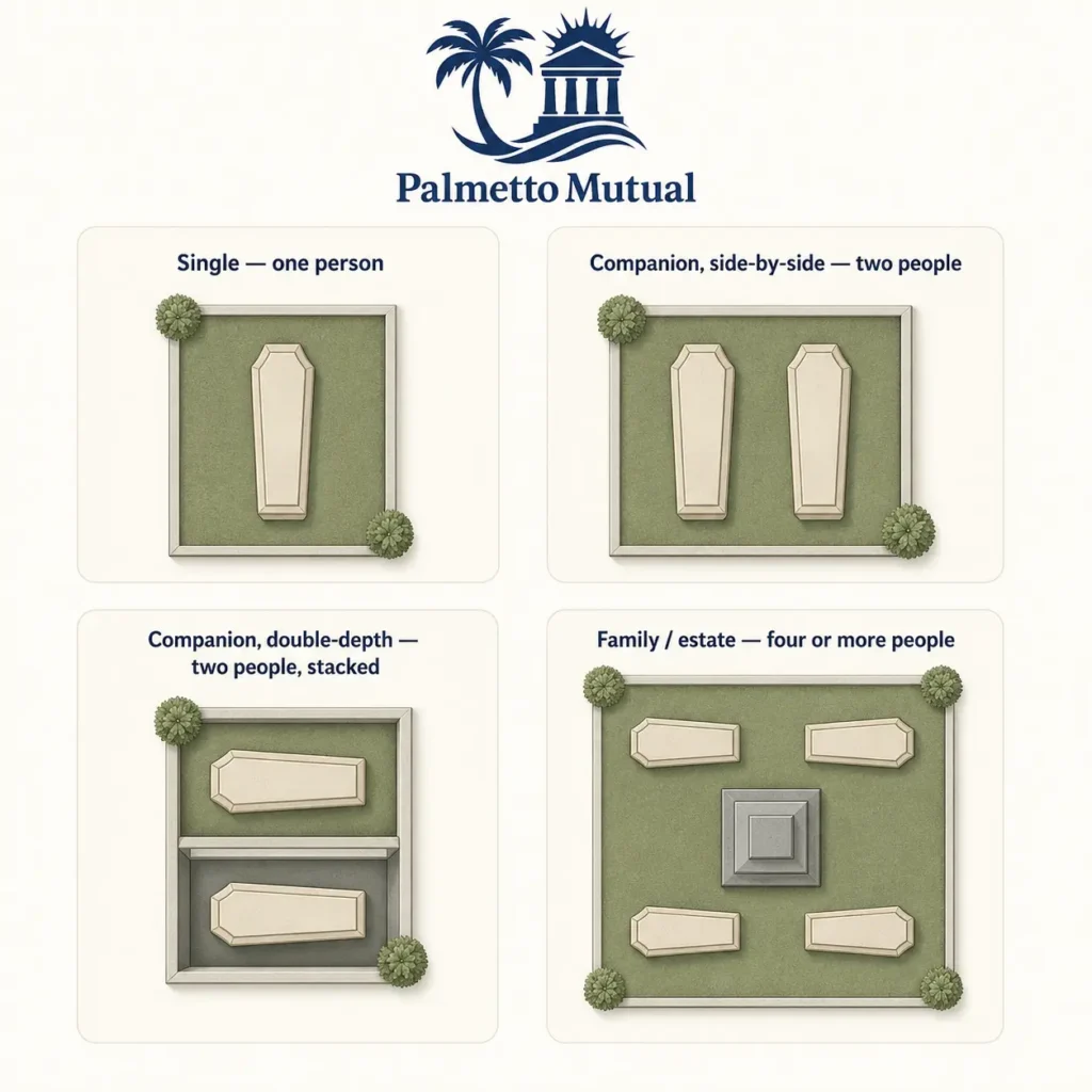 Diagram comparing single, side-by-side companion, double-depth companion, and family cemetery plot layouts.