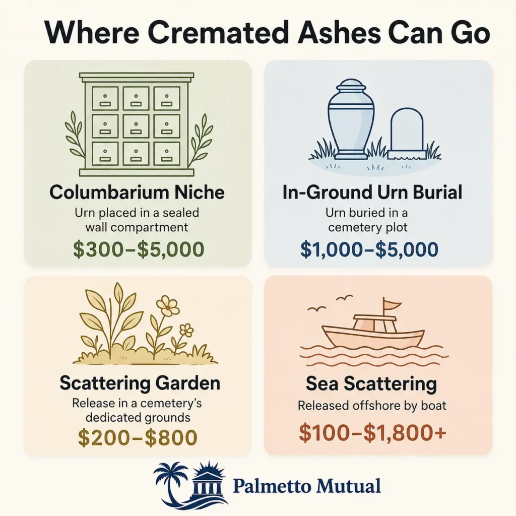 Infographic showing four options for cremated ashes — columbarium niche, in-ground urn burial, scattering garden, and sea scattering — with typical costs