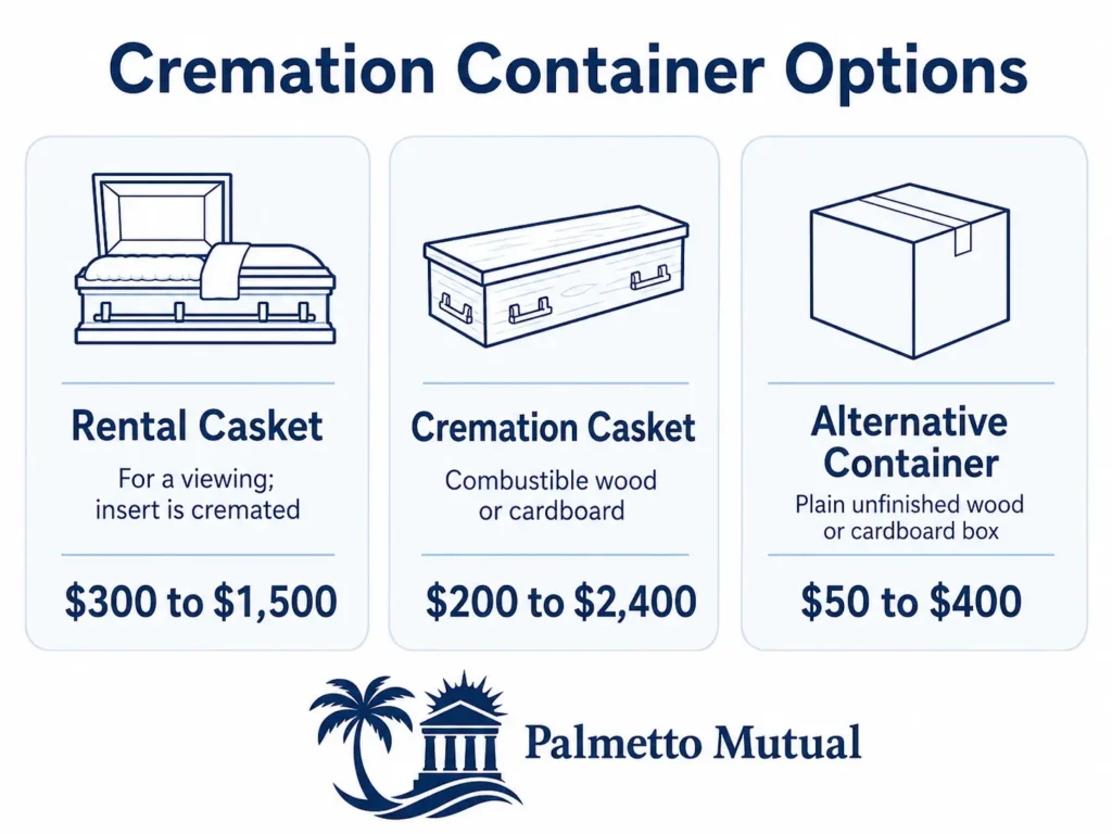 Infographic comparing three cremation container options with prices: rental casket $300 to $1,500, cremation casket $200 to $2,400, and alternative container $50 to $400