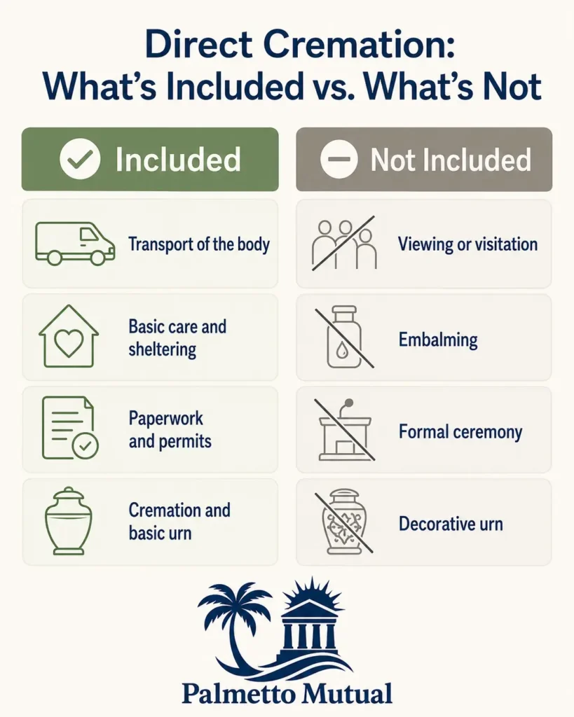 Comparison of what a direct cremation package includes (transport, care, permits, cremation, and basic urn) versus what it does not include (viewing, embalming, ceremony, and decorative urn).