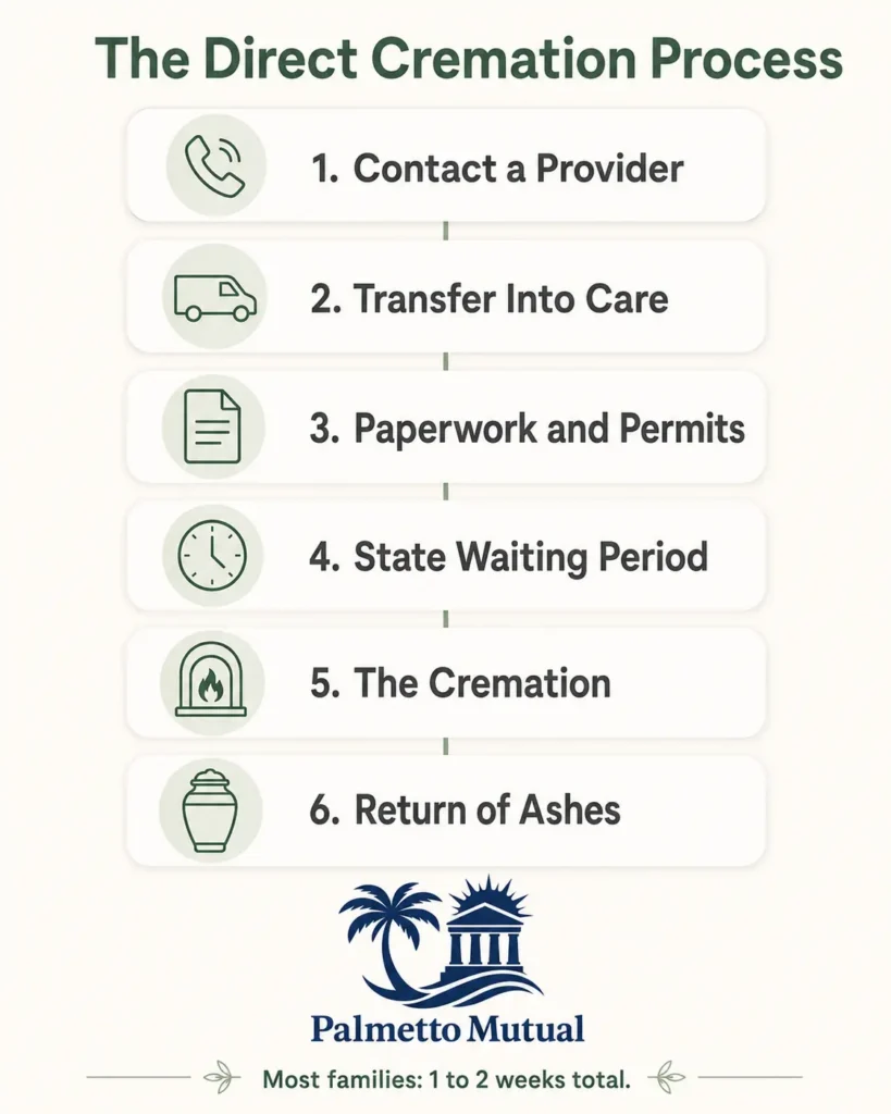 Six-step direct cremation process: contact a provider, transfer into care, paperwork and permits, state waiting period, cremation, and return of ashes.