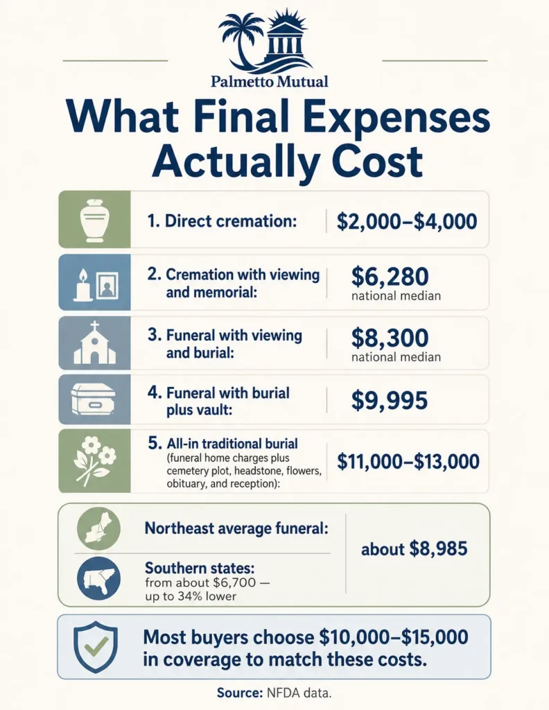 Infographic comparing end-of-life costs that final expense insurance covers, from direct cremation at $2,000–$4,000 up to an all-in traditional burial of $11,000–$13,000, with national NFDA medians and regional differences.