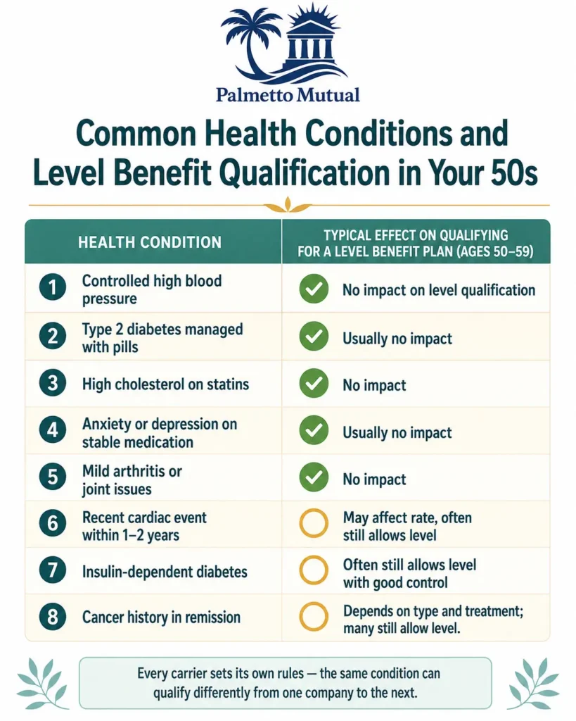 Infographic showing how common health conditions in your 50s — such as controlled high blood pressure, type 2 diabetes, and high cholesterol — typically affect qualifying for level benefit final expense insurance, with most conditions having no impact.