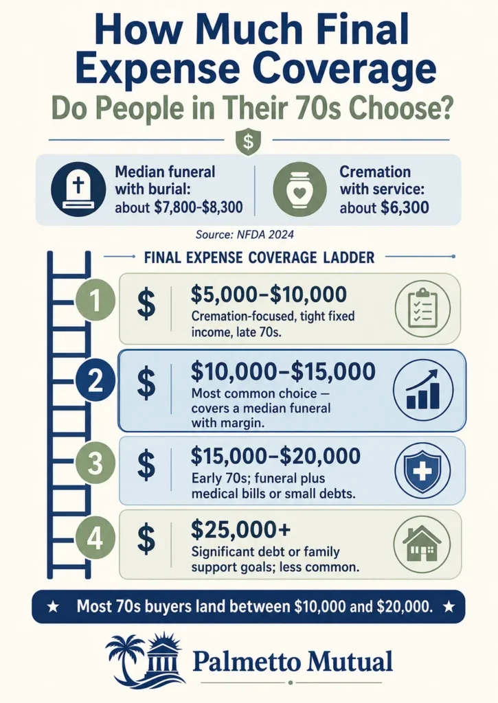 Infographic showing common final expense insurance coverage amounts chosen by buyers in their 70s, from $5,000–$10,000 for cremation-focused buyers up to $25,000+ for those with debt or family goals, with most landing between $10,000 and $20,000, compared against NFDA median funeral costs of roughly $7,800–$8,300.