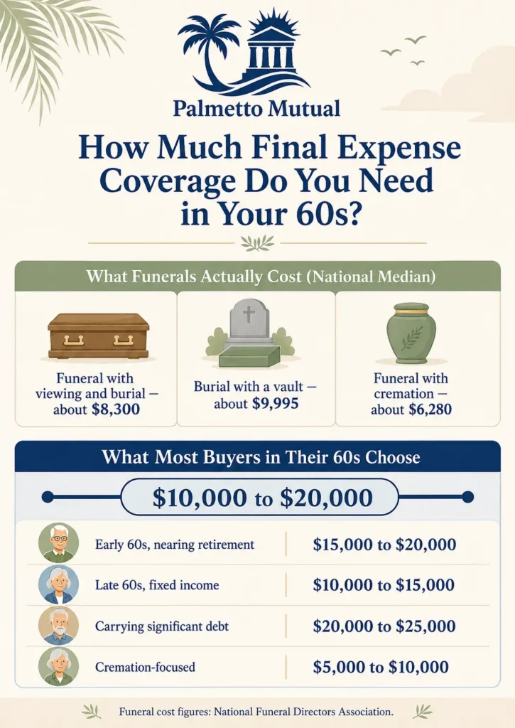 Infographic showing national median funeral costs — about $8,300 for burial, $9,995 with a vault, and $6,280 for cremation — alongside typical final expense coverage amounts for buyers in their 60s, ranging from $5,000 to $25,000 by buyer profile.