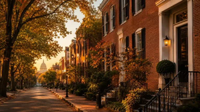 Quiet Capitol Hill row house street at golden hour representing final expense insurance planning for Washington DC seniors