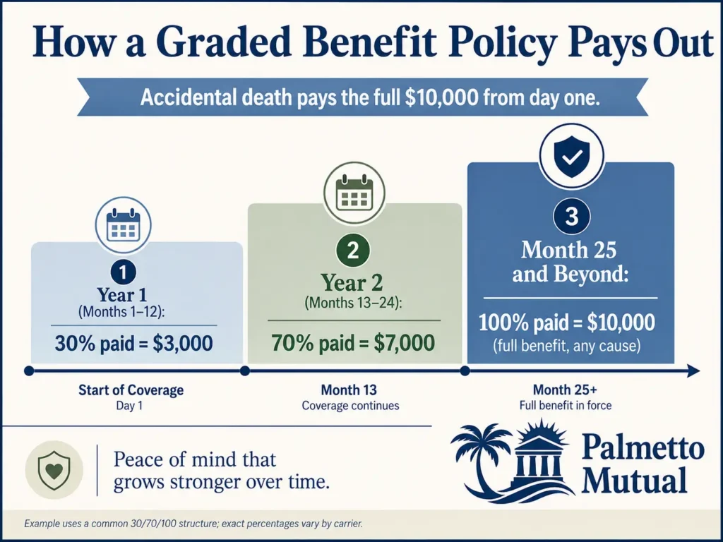 Timeline infographic showing a graded benefit final expense policy paying 30 percent in year one, 70 percent in year two, and 100 percent from month 25 onward on a 10,000 dollar policy, with accidental death paying the full amount from day one.