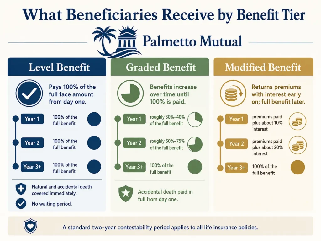 Infographic comparing level, graded, and modified final expense insurance payouts by year, showing level benefit pays the full amount from day one while graded and modified plans pay partial benefits during the first two years.