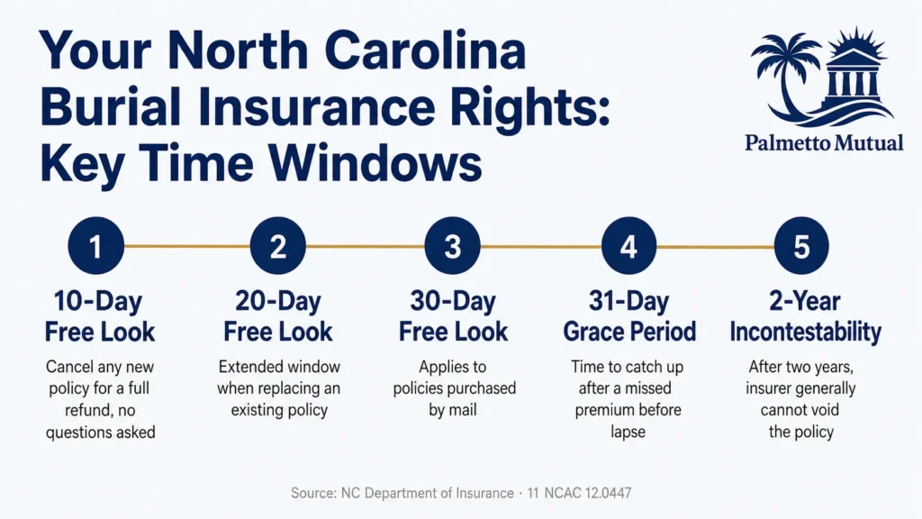Horizontal timeline infographic showing the five key policyholder rights and time windows for final expense and burial insurance in North Carolina, including the 10-day free look, 20-day replacement window, 30-day mail-order window, 31-day grace period, and 2-year incontestability period.