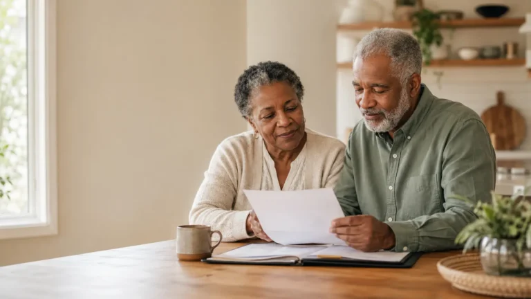 An older couple reviewing paperwork together at home while researching a pre-paid funeral plan.