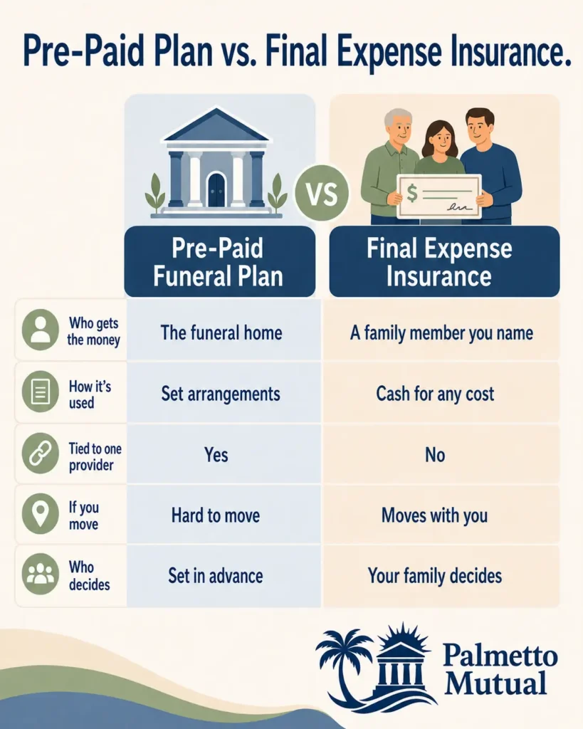 Infographic comparing a pre-paid funeral plan with final expense insurance across who controls the money, flexibility, and portability.