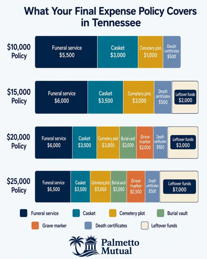 Horizontal stacked bar chart showing what $10,000, $15,000, $20,000, and $25,000 final expense insurance policies cover in Tennessee, including funeral service, casket, cemetery plot, burial vault, grave marker, death certificates, and leftover funds.