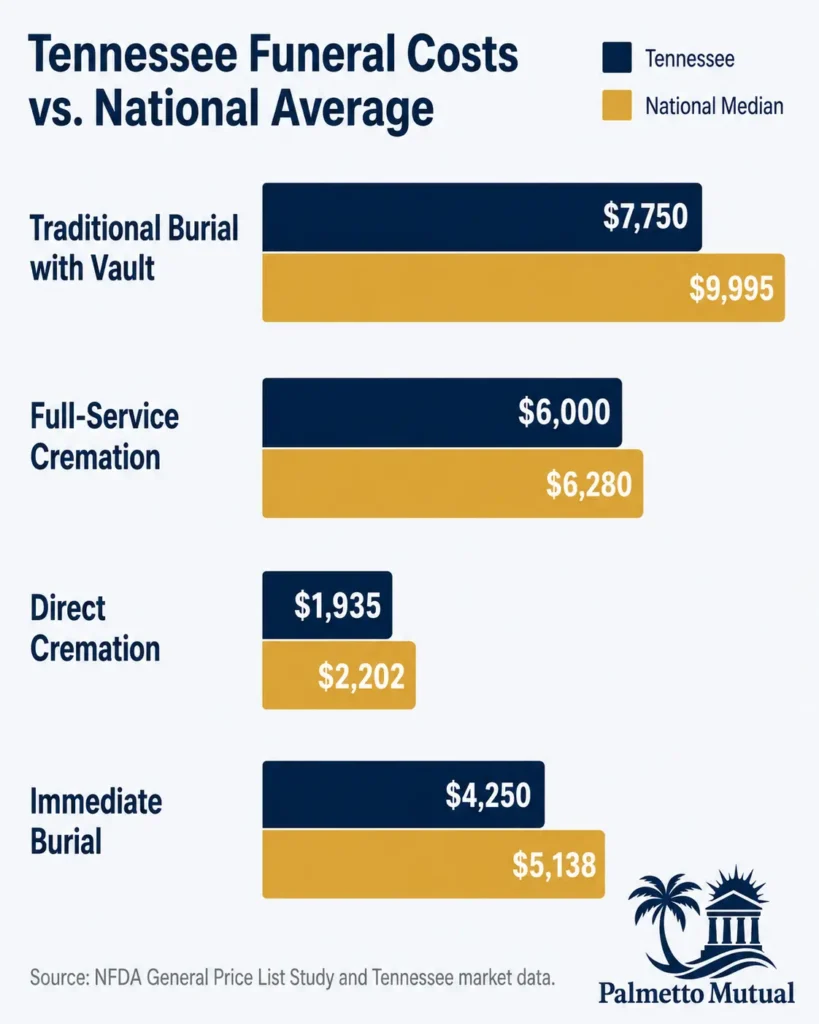 Side-by-side bar chart comparing average Tennessee funeral costs to NFDA national medians across traditional burial with vault, full-service cremation, direct cremation, and immediate burial, showing Tennessee runs slightly below national averages.