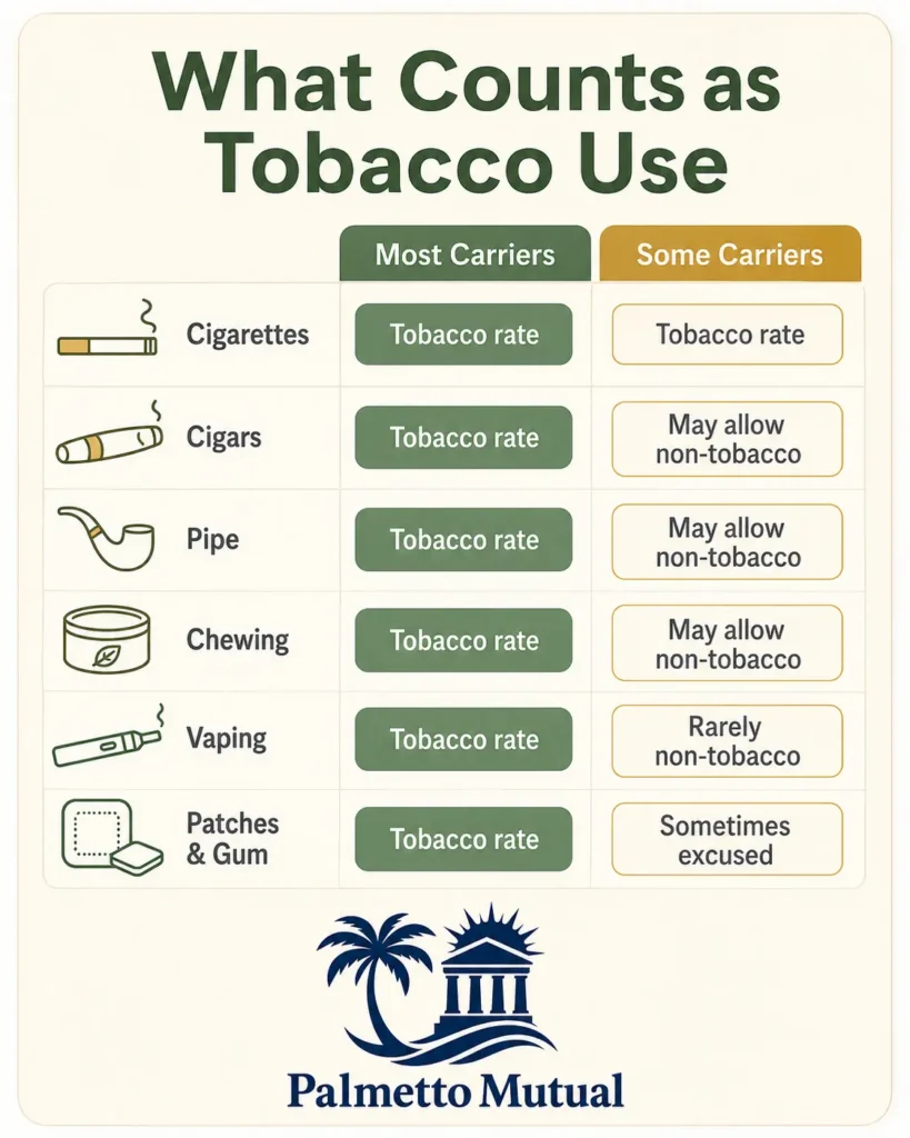 Comparison chart showing how most final expense carriers rate all tobacco forms the same, while some carriers may allow non-tobacco rates for cigars, pipes, and smokeless tobacco.