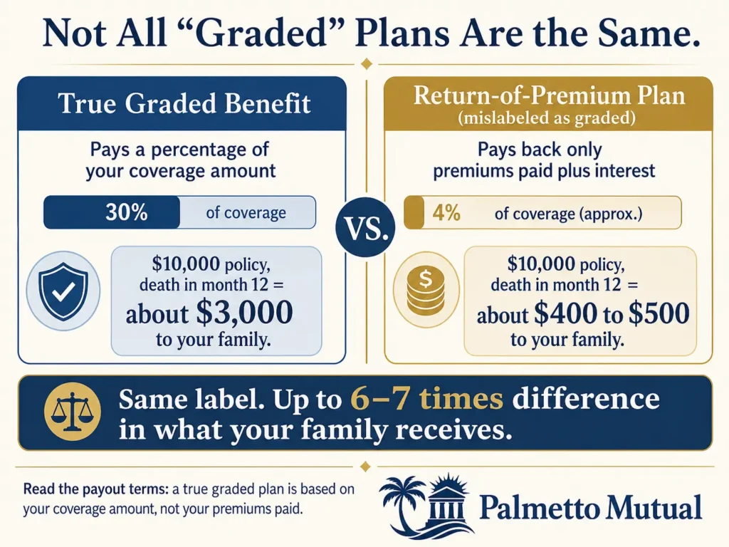 Side-by-side comparison infographic showing a true graded benefit plan paying about 3,000 dollars on a 10,000 dollar policy at month 12, versus a return-of-premium plan mislabeled as graded paying only about 400 to 500 dollars, illustrating a six to seven times difference in beneficiary payout