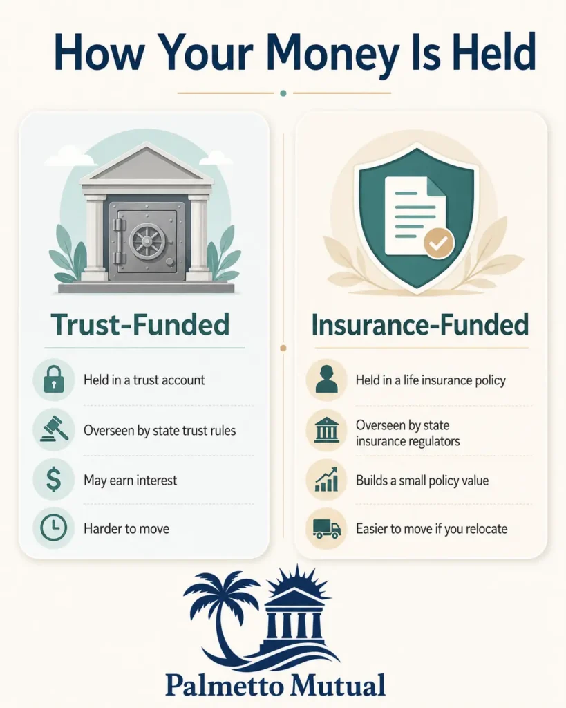 Infographic comparing how a pre-paid funeral plan holds your money in a trust versus an insurance policy.