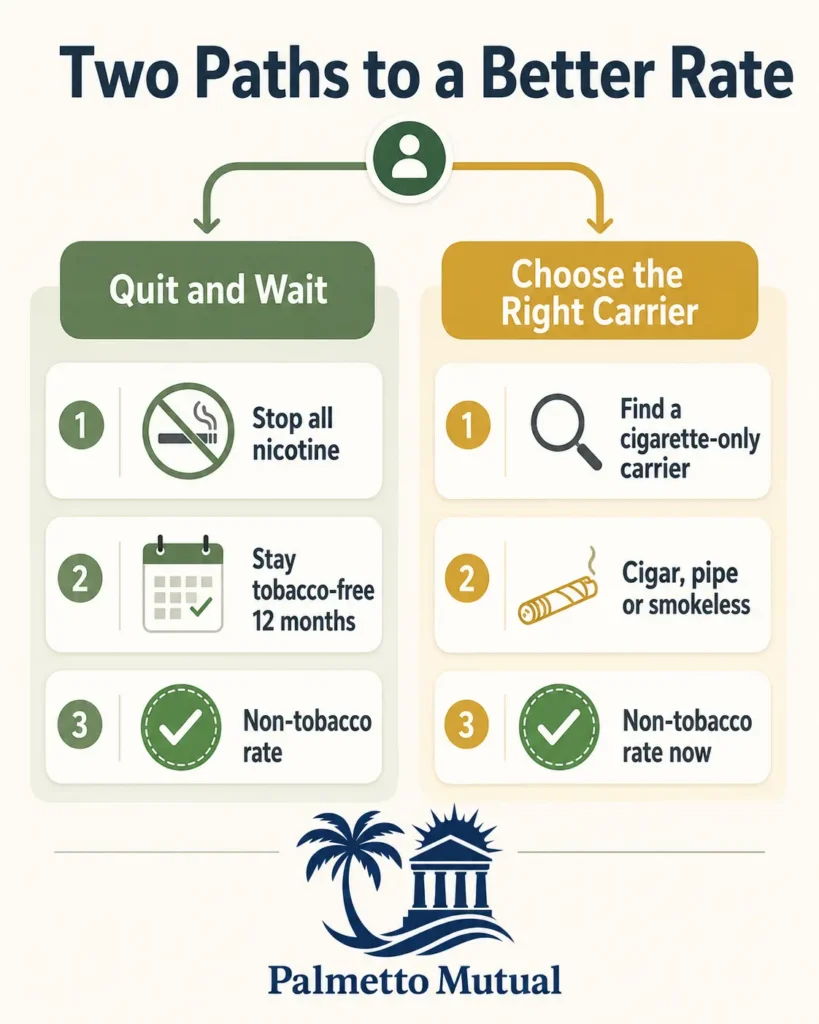 Infographic showing two paths to a non-tobacco rate on final expense insurance: staying tobacco-free for 12 months, or choosing a carrier with a cigarette-only tobacco definition.