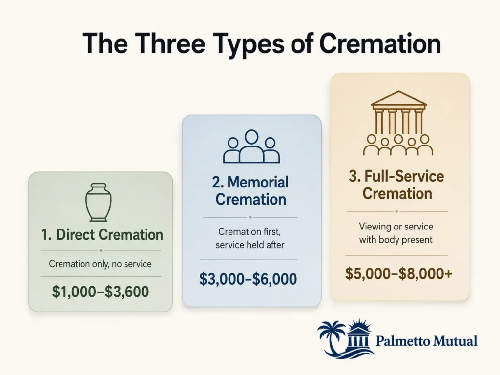 Infographic comparing the three types of cremation by cost — direct cremation, memorial cremation, and full-service cremation