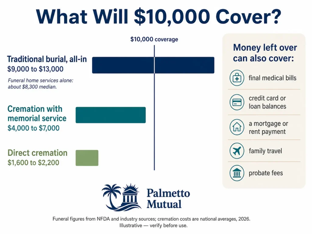 Bar chart showing the lowest available monthly premium for a $10,000 final expense whole life policy by age and sex, rising from about $24–$31 at age 50 to $98–$134 at age 80, with women paying less than men at every age.
