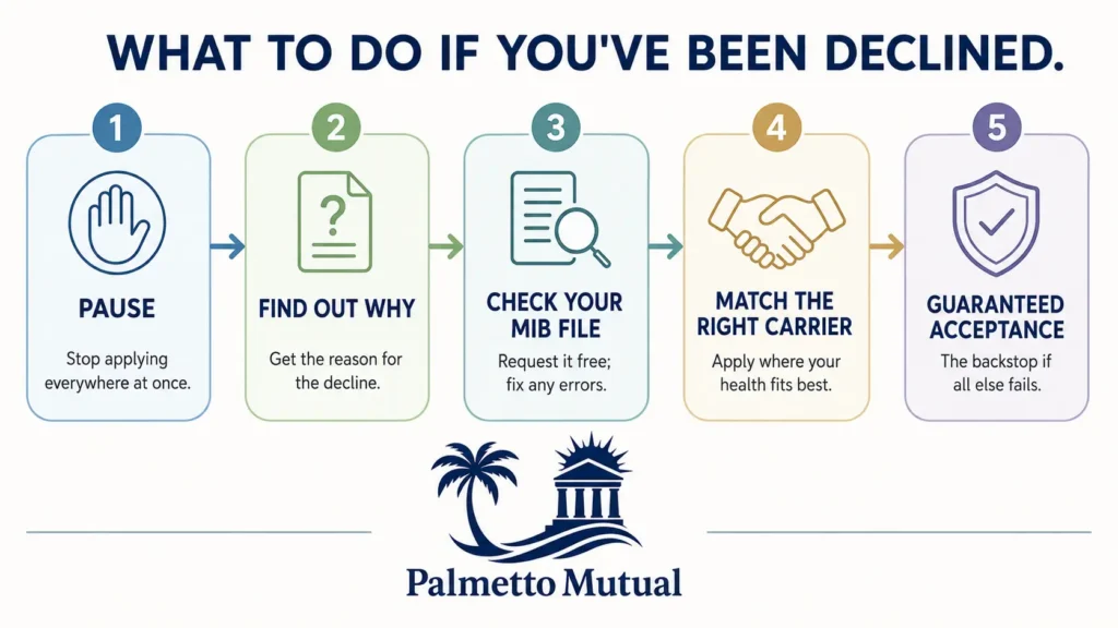 A five-step flow showing what to do after a final expense insurance decline: pause, find out why, check your MIB file, match to the right carrier, and use guaranteed acceptance as a backstop.