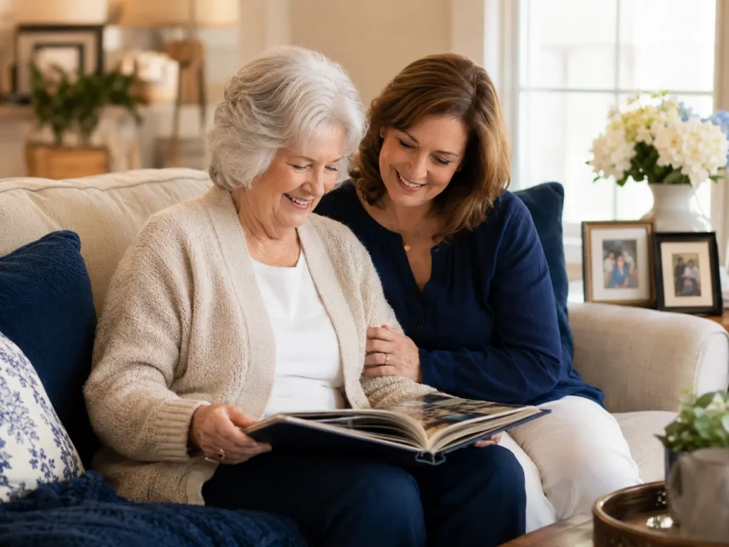 A grandmother and her adult daughter smiling together as they look through a family photo album at home, representing the peace of mind final expense insurance brings to families.