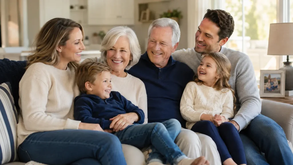 A senior couple sitting with their adult children and grandchildren in a bright, comfortable living room, sharing a warm family moment.